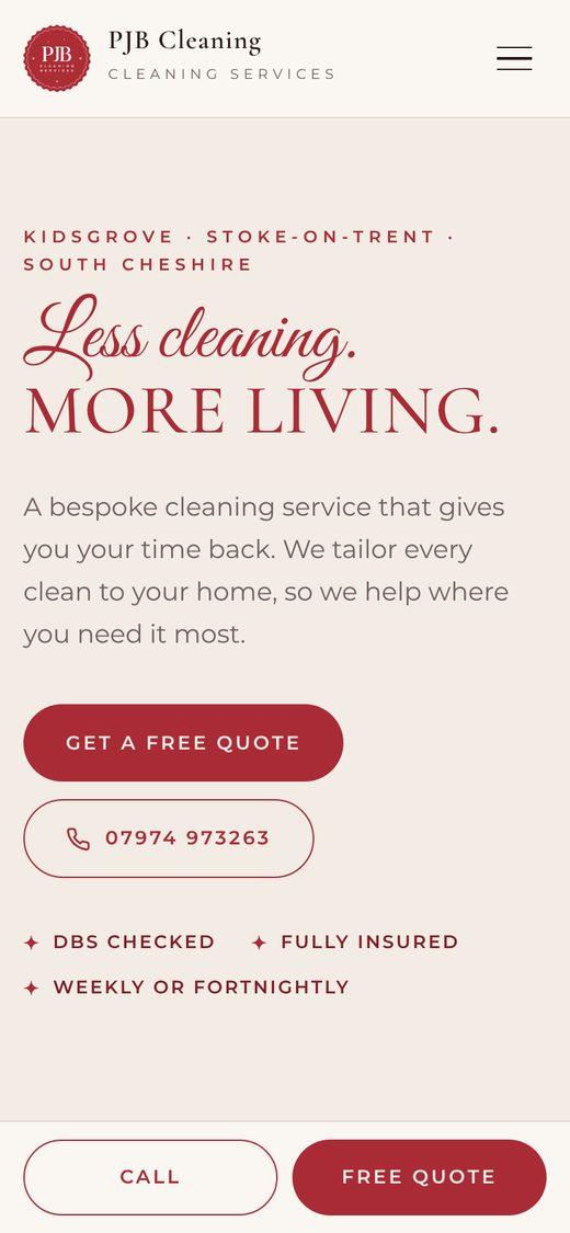 PJB Cleaning website on a phone